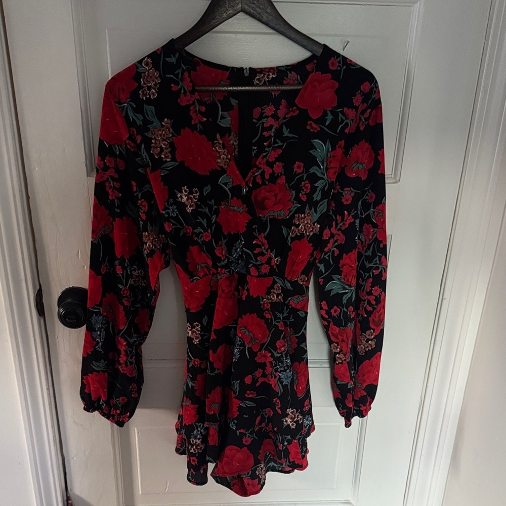 Floral Black, Blue, and Red Puffy Sleeved Women's Dress